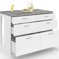 Ilot central mange-debout 120 cm casserolier 6 tiroirs blanc avec plan de travail effet béton