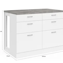 Ilot central mange-debout 120 cm casserolier 6 tiroirs blanc avec plan de travail effet béton