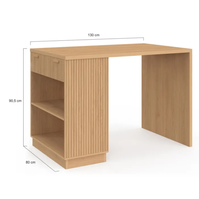 Ilot central mange-debout 4 personnes 130 cm lattes tasseau bois coloris chêne