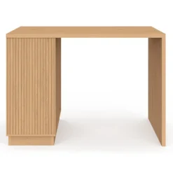Ilot central mange-debout 4 personnes 130 cm lattes tasseau bois coloris chêne