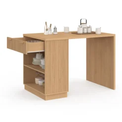 Ilot central mange-debout 4 personnes 130 cm lattes tasseau bois coloris chêne