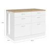 Ilot central mange-debout 120 cm casserolier 6 tiroirs blanc et plateau bois