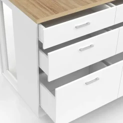 Ilot central mange-debout 120 cm casserolier 6 tiroirs blanc et plateau bois