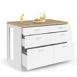 Ilot central mange-debout 120 cm casserolier 6 tiroirs blanc et plateau bois