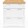 Ilot central mange-debout 4 personnes 130 cm casserolier 3 tiroirs blanc et plateau bois