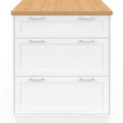 Ilot central mange-debout 4 personnes 130 cm casserolier 3 tiroirs blanc et plateau bois