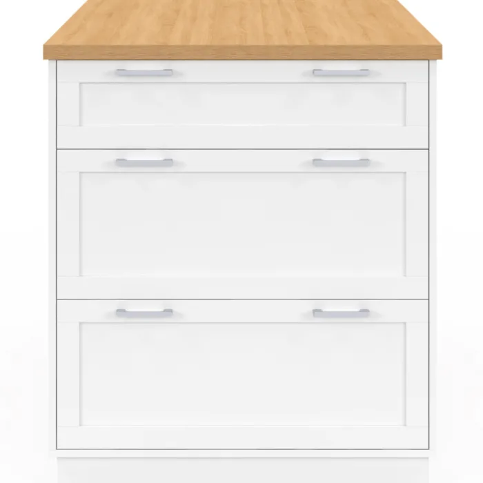 Ilot central mange-debout 4 personnes 130 cm casserolier 3 tiroirs blanc et plateau bois