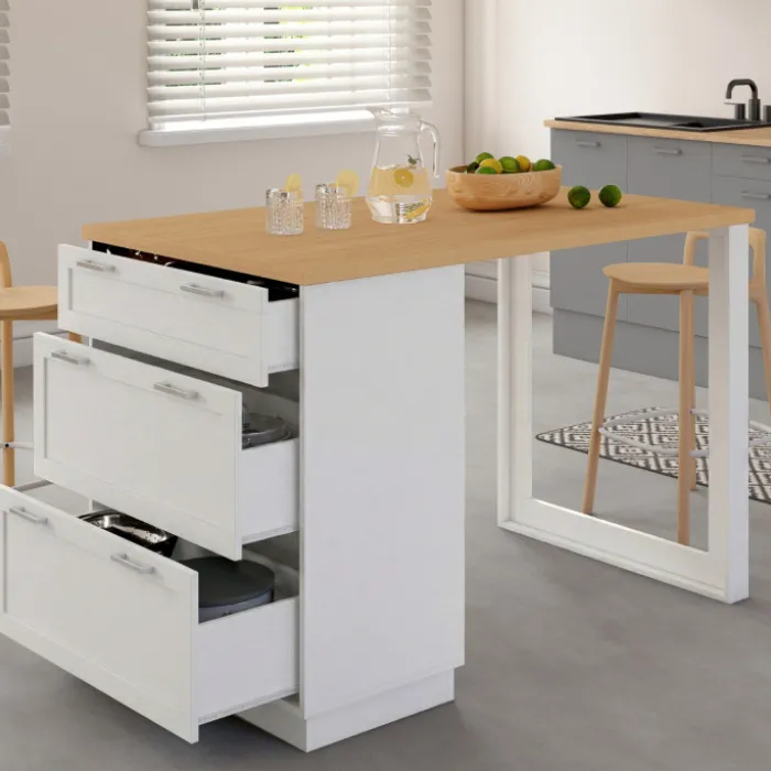Ilot central mange-debout 4 personnes 130 cm casserolier 3 tiroirs blanc et plateau bois