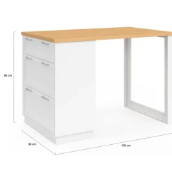 Ilot central mange-debout 4 personnes 130 cm casserolier 3 tiroirs blanc et plateau bois