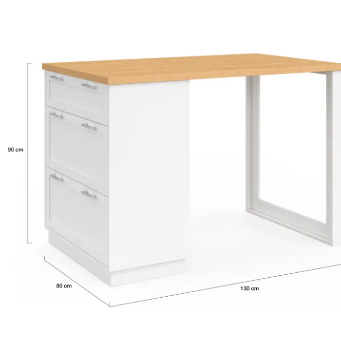 Ilot central mange-debout 4 personnes 130 cm casserolier 3 tiroirs blanc et plateau bois
