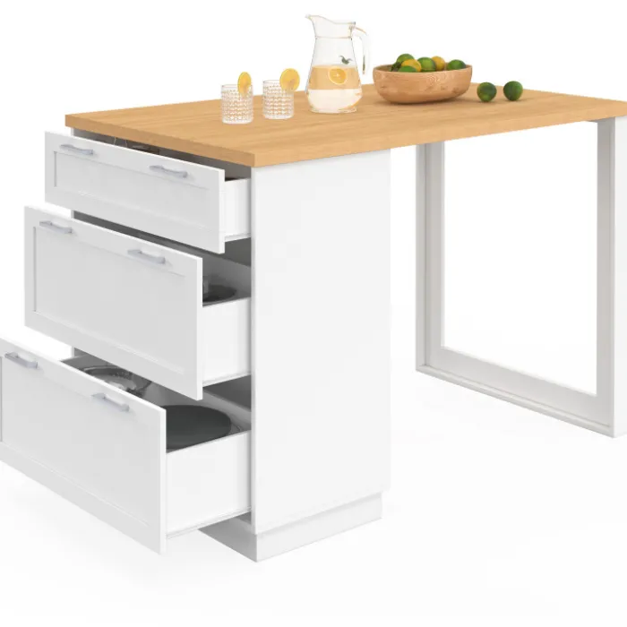 Ilot central mange-debout 4 personnes 130 cm casserolier 3 tiroirs blanc et plateau bois