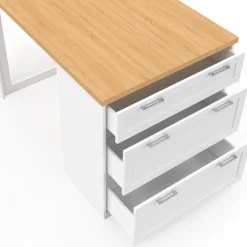 Ilot central mange-debout 4 personnes 130 cm casserolier 3 tiroirs blanc et plateau bois