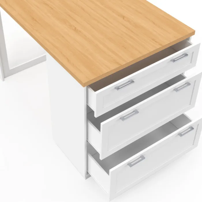 Ilot central mange-debout 4 personnes 130 cm casserolier 3 tiroirs blanc et plateau bois