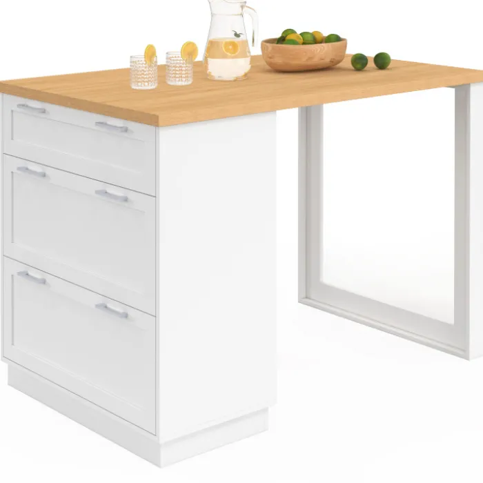 Ilot central mange-debout 4 personnes 130 cm casserolier 3 tiroirs blanc et plateau bois