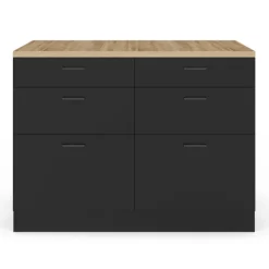 Ilot central mange-debout 120 cm casserolier 6 tiroirs noir et plateau bois