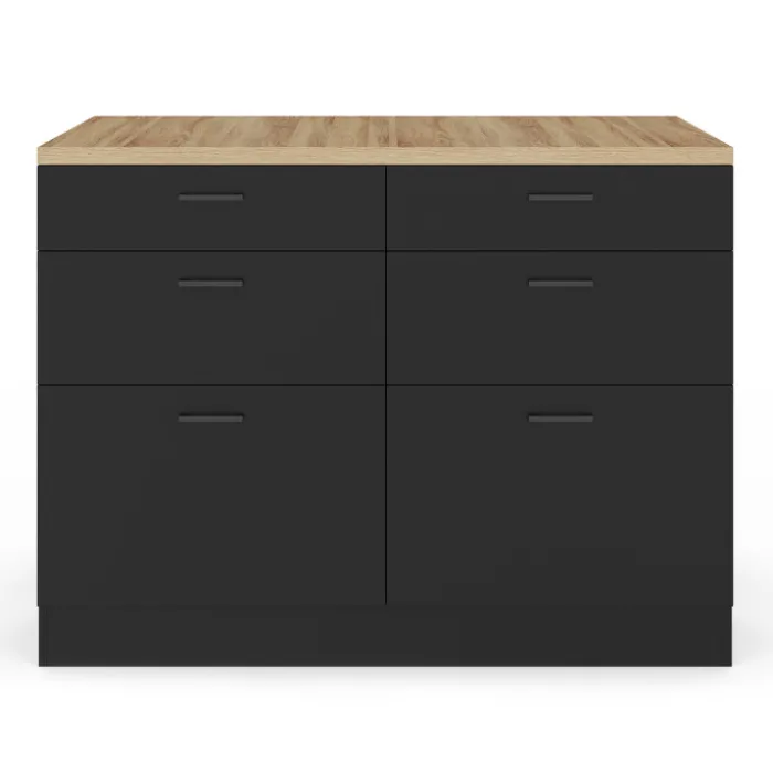 Ilot central mange-debout 120 cm casserolier 6 tiroirs noir et plateau bois