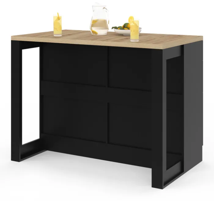 Ilot central mange-debout 120 cm casserolier 6 tiroirs noir et plateau bois