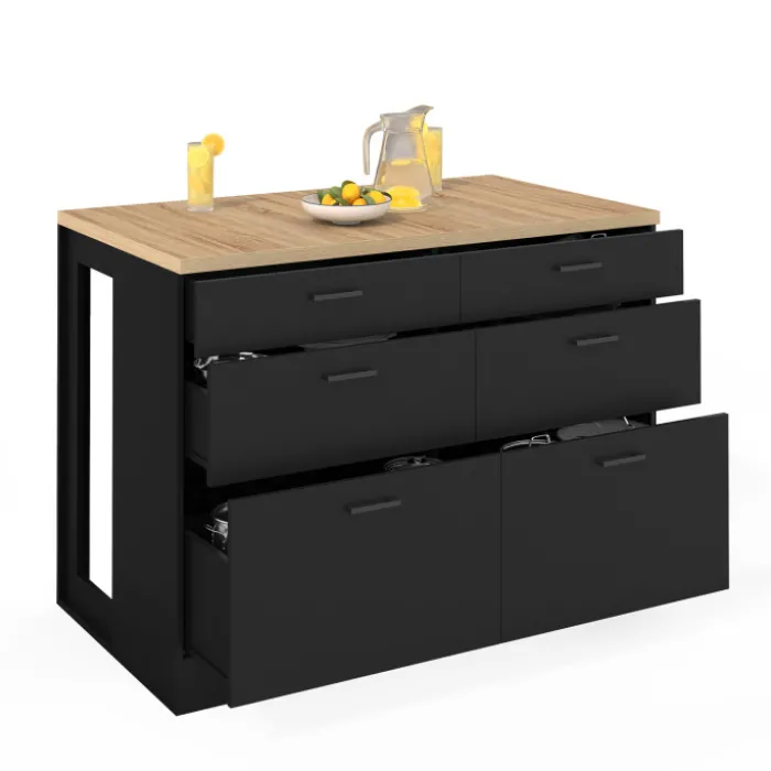 Ilot central mange-debout 120 cm casserolier 6 tiroirs noir et plateau bois