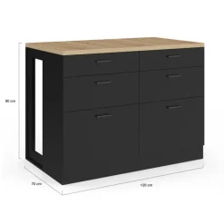 Ilot central mange-debout 120 cm casserolier 6 tiroirs noir et plateau bois