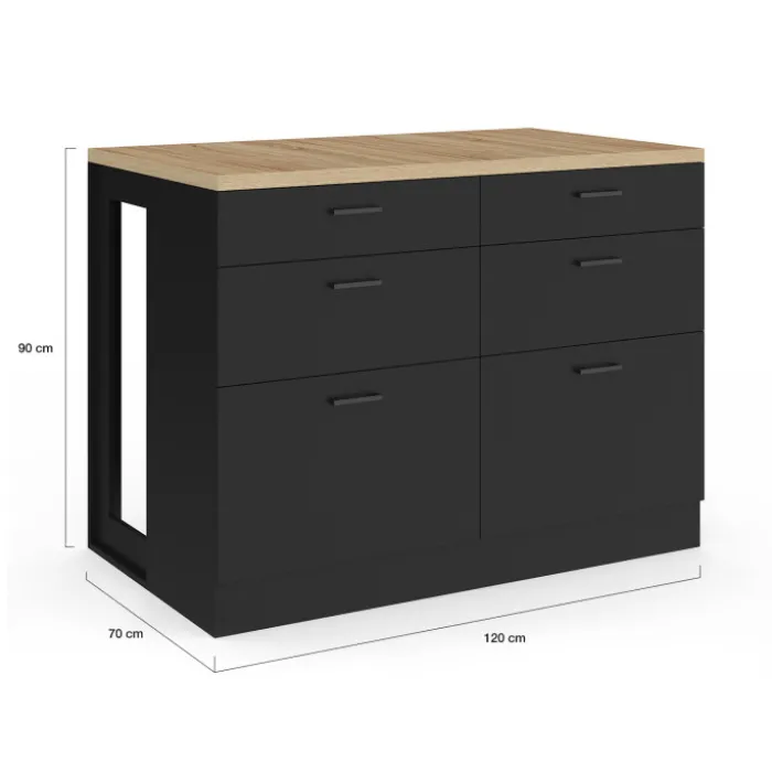 Ilot central mange-debout 120 cm casserolier 6 tiroirs noir et plateau bois