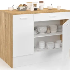 Ilot central maxi capacité de rangement bois et blanc