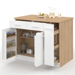 Ilot central portes avec rangements, tiroirs, rangement coulissant et plan de travail façon hêtre et blanc