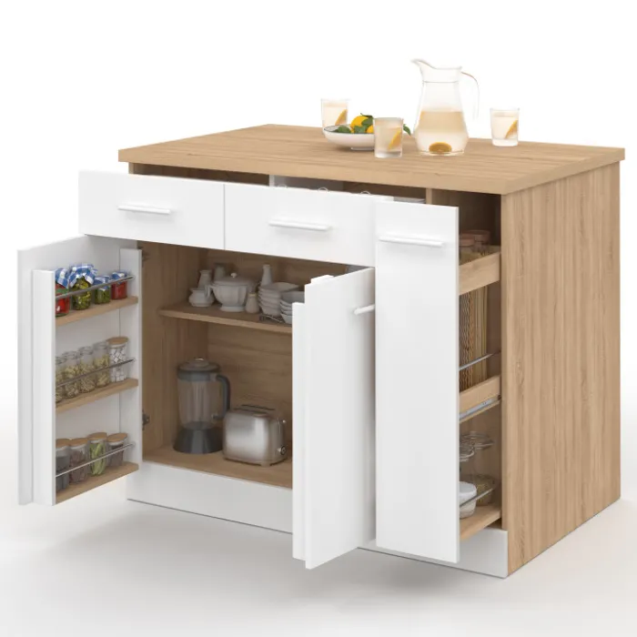 Ilot central portes avec rangements, tiroirs, rangement coulissant et plan de travail façon hêtre et blanc
