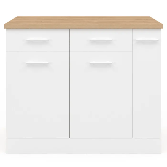 Ilot central portes avec rangements, tiroirs, rangement coulissant et plan de travail façon hêtre et blanc