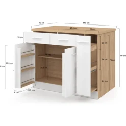 Ilot central portes avec rangements, tiroirs, rangement coulissant et plan de travail façon hêtre et blanc