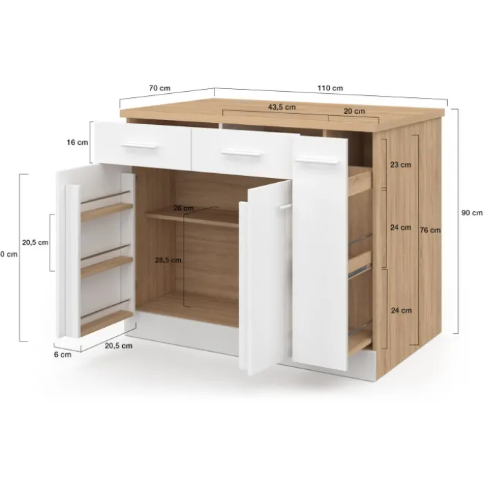 Ilot central portes avec rangements, tiroirs, rangement coulissant et plan de travail façon hêtre et blanc