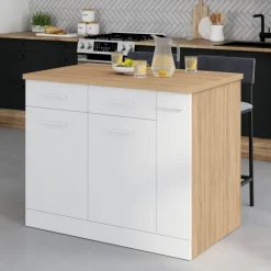 Ilot central portes avec rangements, tiroirs, rangement coulissant et plan de travail façon hêtre et blanc