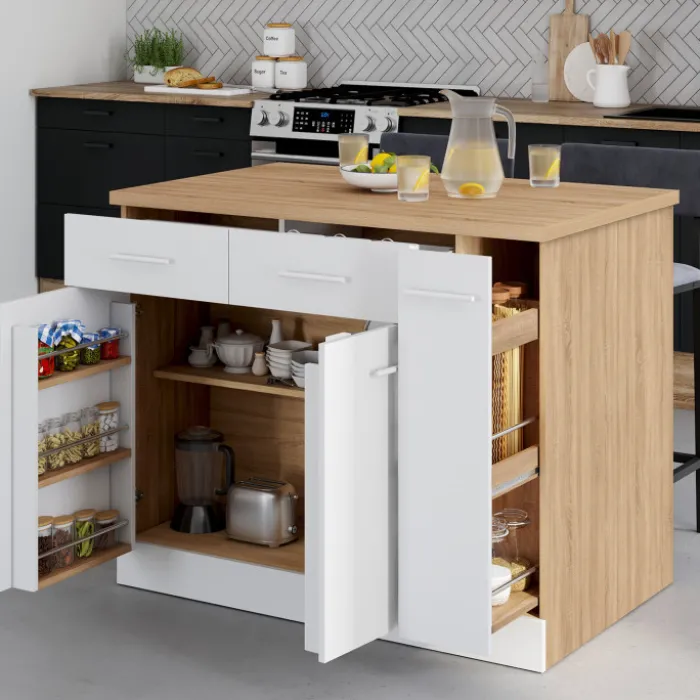 Ilot central portes avec rangements, tiroirs, rangement coulissant et plan de travail façon hêtre et blanc