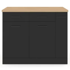 Ilot central portes avec rangements, tiroirs, rangement coulissant et plan de travail façon hêtre et noir