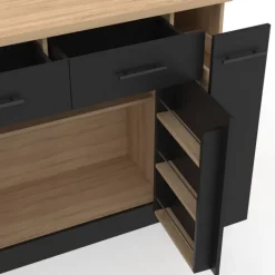 Ilot central portes avec rangements, tiroirs, rangement coulissant et plan de travail façon hêtre et noir