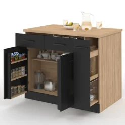 Ilot central portes avec rangements, tiroirs, rangement coulissant et plan de travail façon hêtre et noir