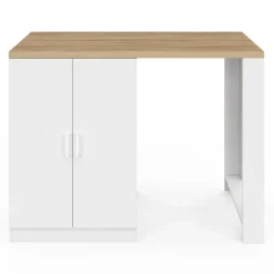 Ilot de cuisine central bois blanc 120 cm avec portes vitrées et rangements