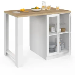 Ilot de cuisine central bois blanc 120 cm avec portes vitrées et rangements