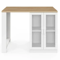 Ilot de cuisine central bois blanc 120 cm avec portes vitrées et rangements