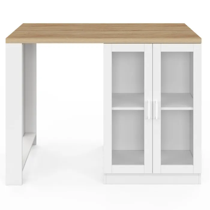 Ilot de cuisine central bois blanc 120 cm avec portes vitrées et rangements