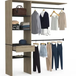 Kit dressing placard hêtre et noir avec étagères, tiroir et double penderie