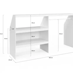 Kit dressing sous pente avec étagère 2 niveaux et penderie extensible 195 x 50 x 70/110 cm blanc