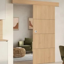 Kit porte coulissante effet bois 83 cm avec rail et fixations