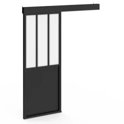 Kit porte coulissante verrière 83 cm en verre trempé givré, métal avec rail et fixations