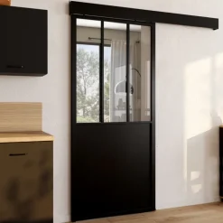 Kit porte coulissante vitrée verre trempé en métal avec MDF