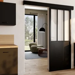 Kit porte coulissante vitrée verre trempé en métal avec MDF