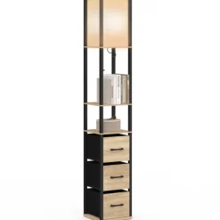 Lampadaire industriel en bois noir avec étagères bois clair 3 tiroirs tissu UTAH et abat-jour carré blanc
