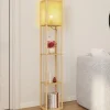 Lampadaire naturel en bois clair avec étagères et abat-jour carré effet cannage