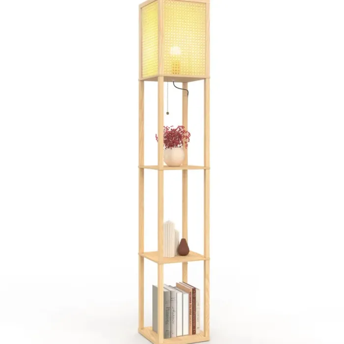 Lampadaire naturel en bois clair avec étagères et abat-jour carré effet cannage