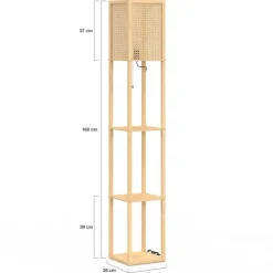 Lampadaire naturel en bois clair avec étagères et abat-jour carré effet cannage