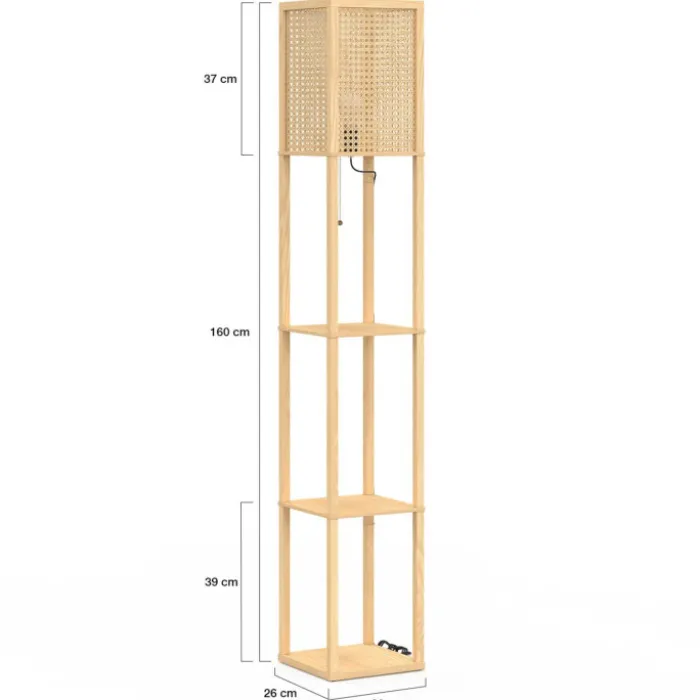 Lampadaire naturel en bois clair avec étagères et abat-jour carré effet cannage